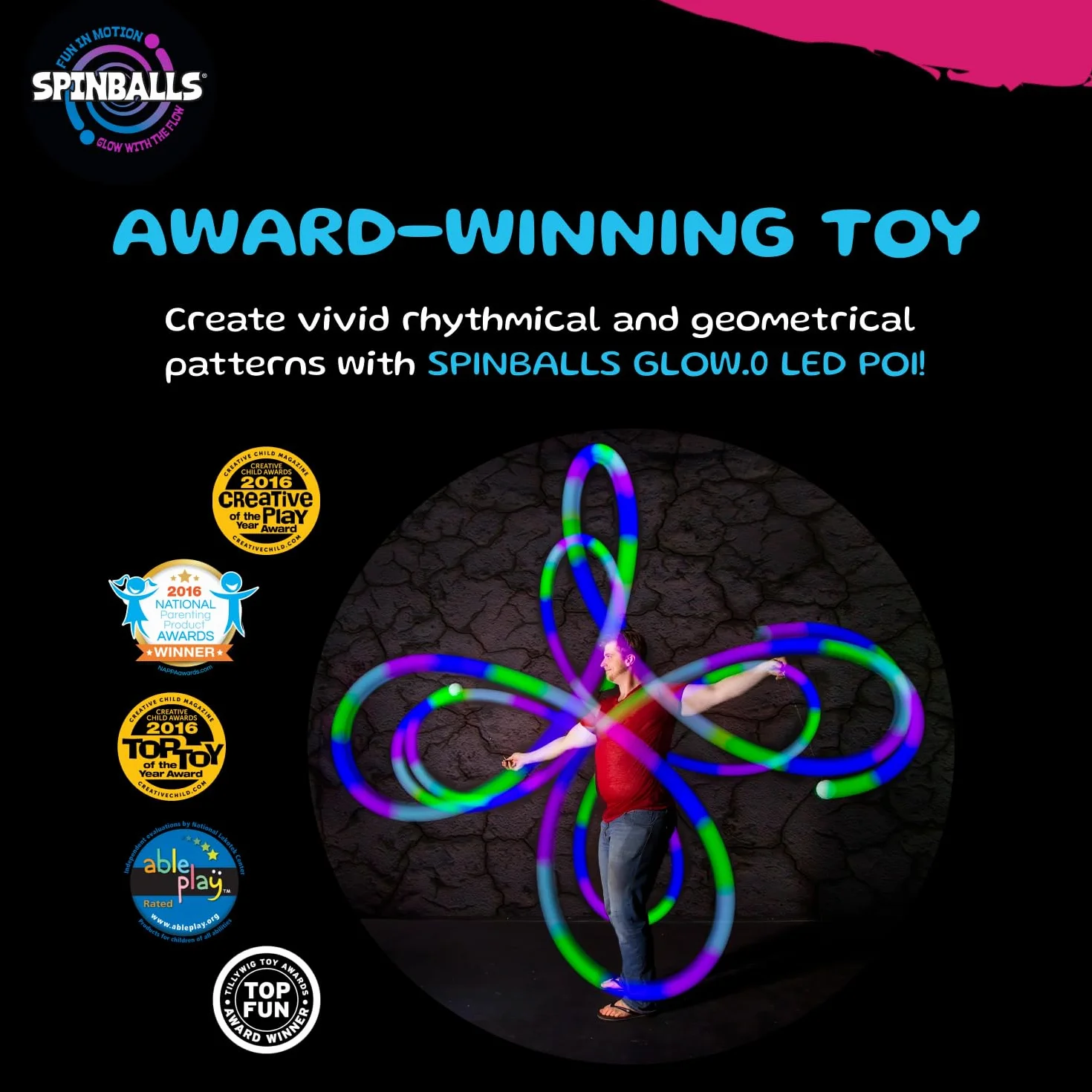 Spin Balls Glow.0 LED Poi – USB-aufladbar, Poi Ball mit 22 Farb- und Lichtmodi & Mustern, haltbarer weicher Kern, verstellbare Schnüre & doppelter Griff