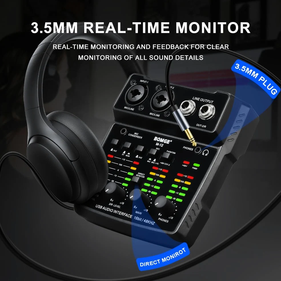 BOMGE M12 USB Audio Interface, 2-K Mixer, XLR/3,5 mm Eingang, 48V Netzteil, Soundkarte für PC Aufnahme, Studio, Live-Show, Karaoke, Plug&Play