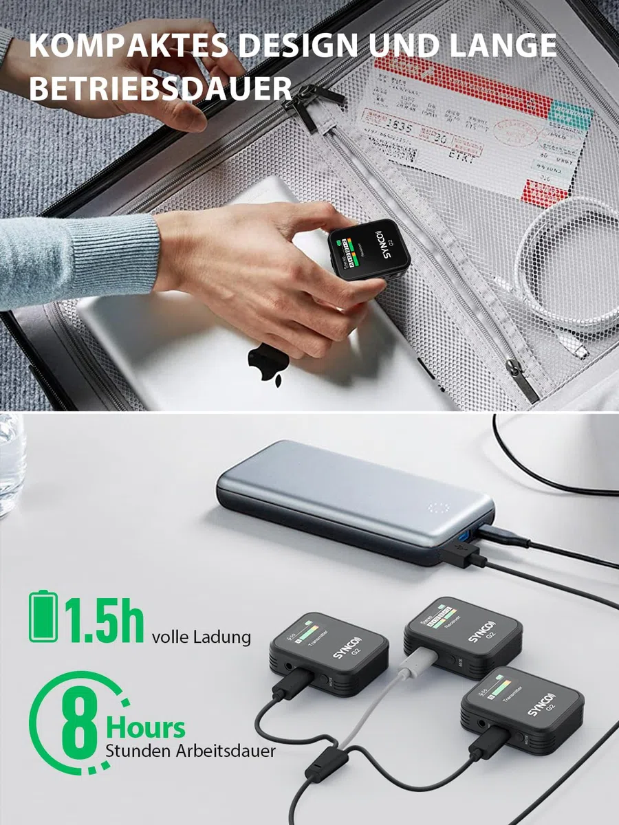 SYNCO Wireless Lavalier-Mikrofon, G2(A2) 2.4G Dual Transmitter 48KHz 24Bit Kabelloses Ansteckmikrofon 200m 8H für Online-Kurse Vlogs Streaming für Kamera Smartphone Tablet
