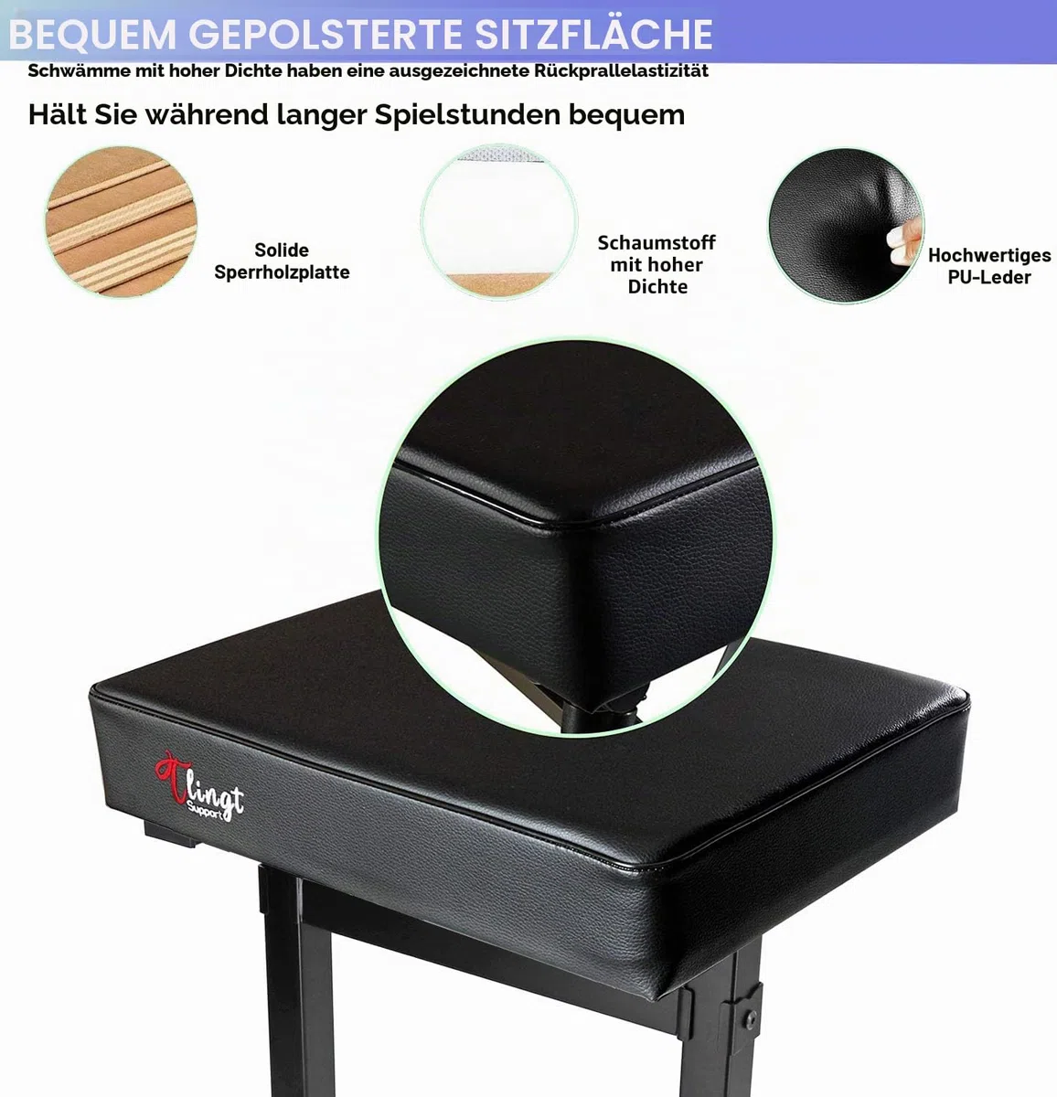 Klavier - & Keyboardhocker – mit Komfort-Polstersitz für langanhaltenden Spielkomfort, höhenverstellbar (46–59 cm) / Schwarz