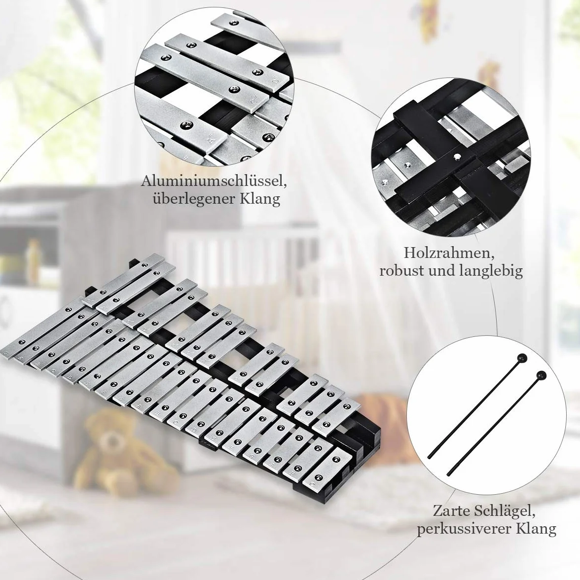 COSTWAY 30 Noten Xylophon Glockenspiel, mit 2 Schlägeln & Tragetasche, Musikinstrument Holz Aluminum, Percussion Geeignet für Kinder und Erwachsene, Weiß+Schwarz