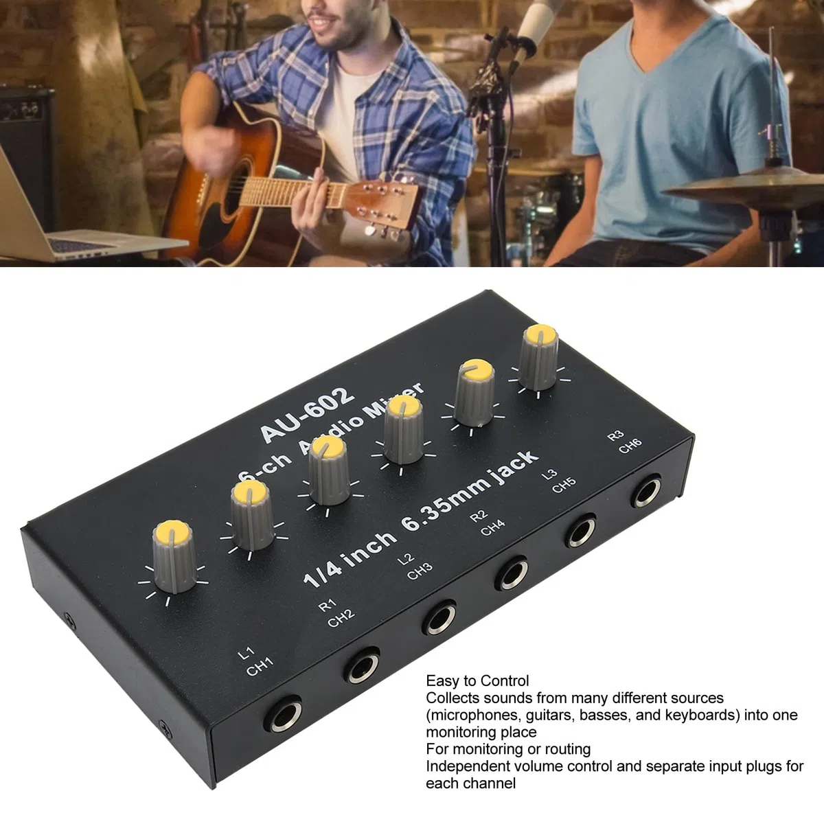 Audio-Mixer, 6 Mono-Kanäle, 3 Stereo-Kanäle, Rauscharmer 6,5-mm-Eingang/Ausgang, Line-Stereo-Sound-Mixer, für Gitarren, Bass, Keyboards, Mikrofon