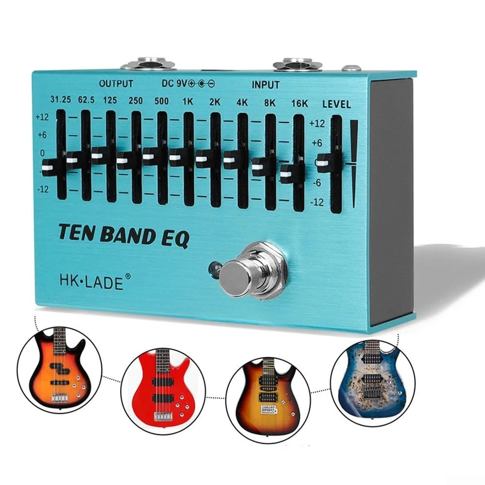 10-Band Equalizer Gitarre Effektpedal, True Bypass Einstellbares EQ Pedal für 4 oder 5 Saiten Bass Gitarren und 6 oder 7 Saiten E-Gitarren