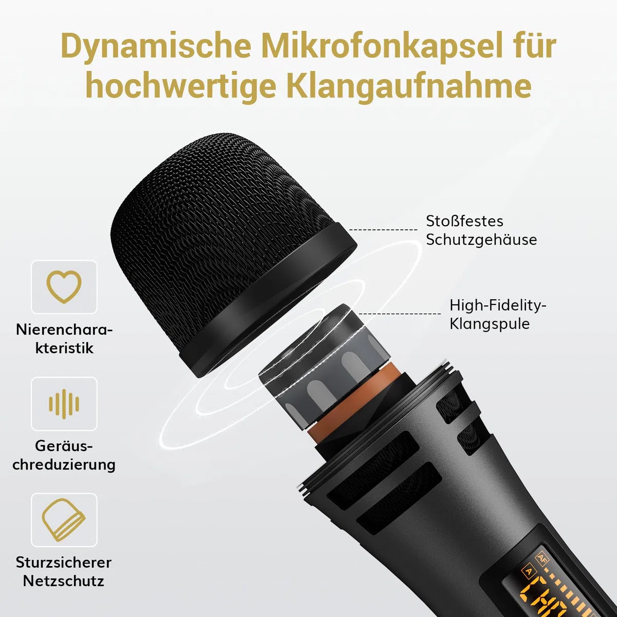 TONOR Kabellose Mikrofone, UHF Duales Karaoke Mikrofon Set mit wiederaufladbarem Empfänger, Kabelloses dynamisches Mikrofon, 60 m Mikrofon-Set für Singen, Hochzeiten, Party, Ansprachen TW320 Grau
