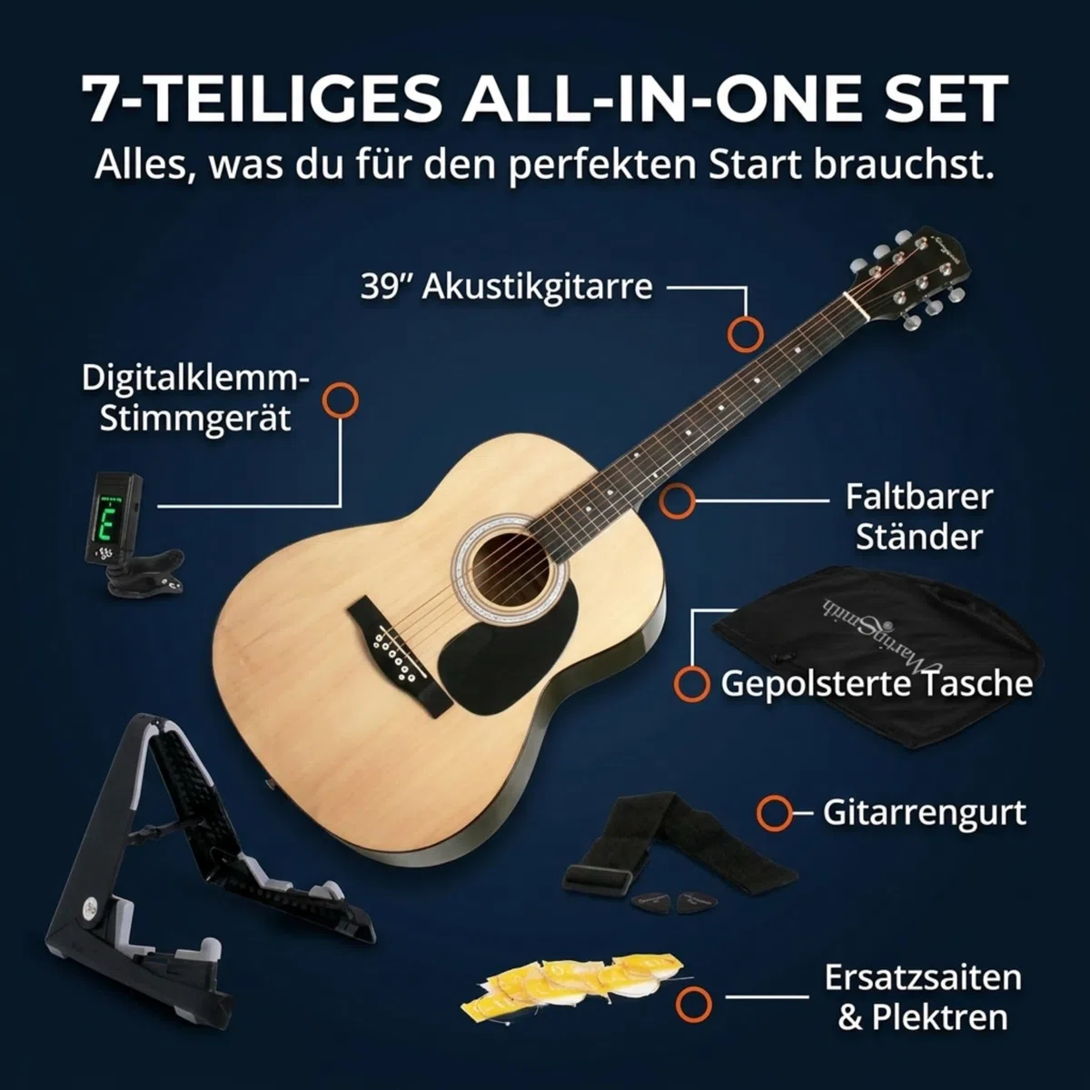 Martin Smith Akustikgitarre mit Gitarrenständer Gitarrentuner Gitarren Tasche Gitarrengurt Gitarre Plektren und Gitarrensaiten Natur