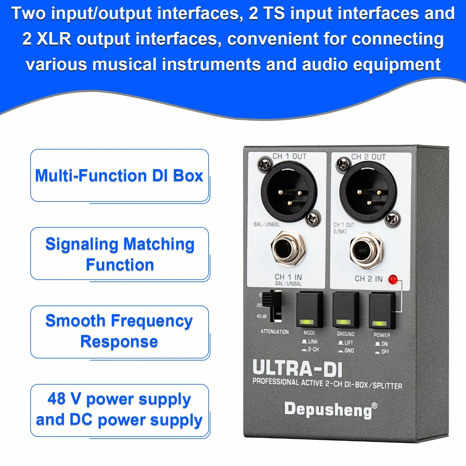 Depusheng Ultra-DI Di2 Professional Active 2-Channel DI-Box/Splitter w/Input Attenuator to Connect Guitar & Bass,Connector to Balanced & Unbalanced，Support 48V power supply