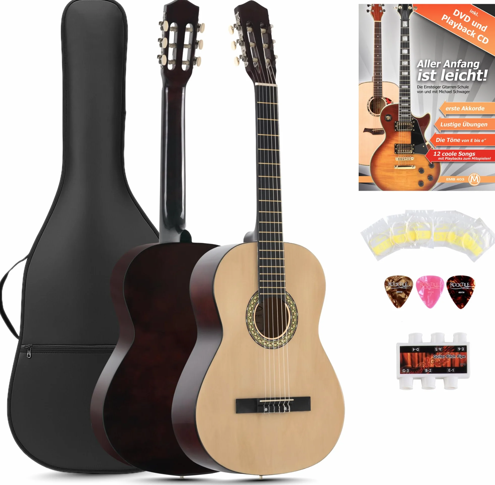 Classic Cantabile AS-851 Linkshänder Konzertgitarre 4/4 Starter Set (6 Saiten, Lindenholz, Griffbrett: Blackwood, Zubehörset inkl. Tasche, Schule, Stimmpfeife, Nylonsaiten) natur