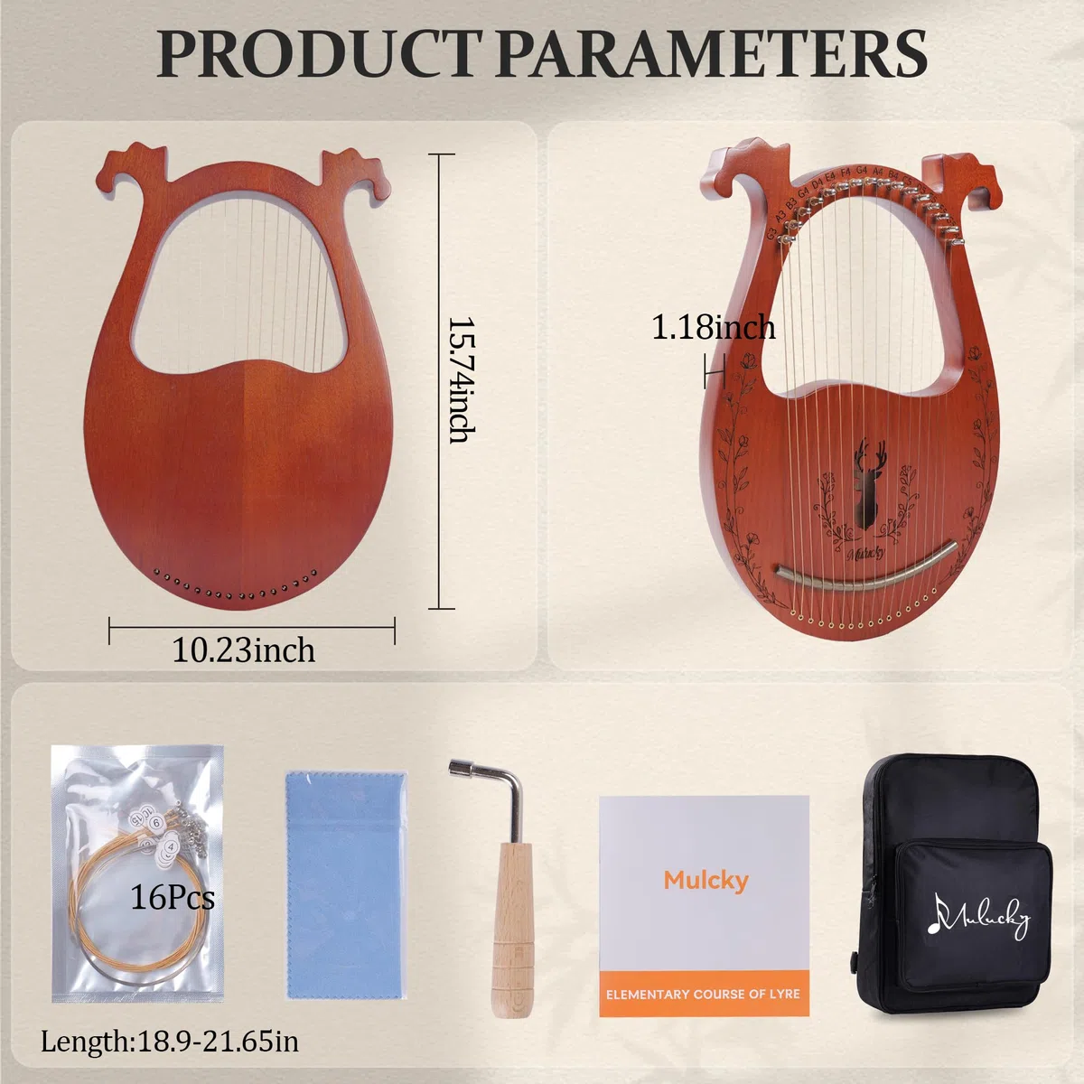 Mulucky Lyre Harp, 16 Metallsaiten, Mahagoni-Körper, Kupfersattel, Mini Lyre Harfe mit Stimmschlüssel und Tasche für Anfänger