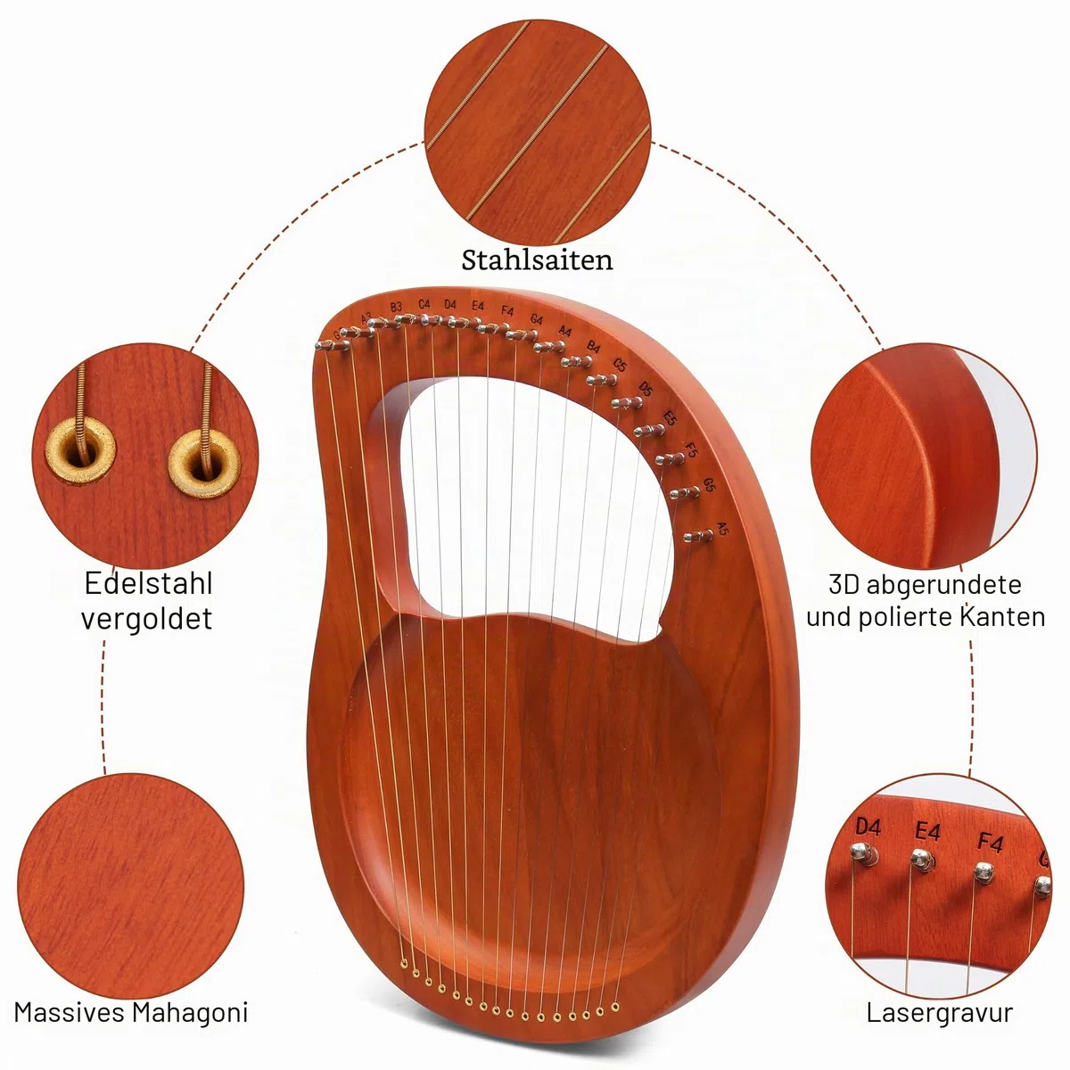 Kleine Lyre Harfe, 16 Saiten, Mahagoni-Laugenharfe mit Metall Saiten, Tragbare Harfe im Antiken Stil mit Stimmschlüssel und Tragetasche, Braun