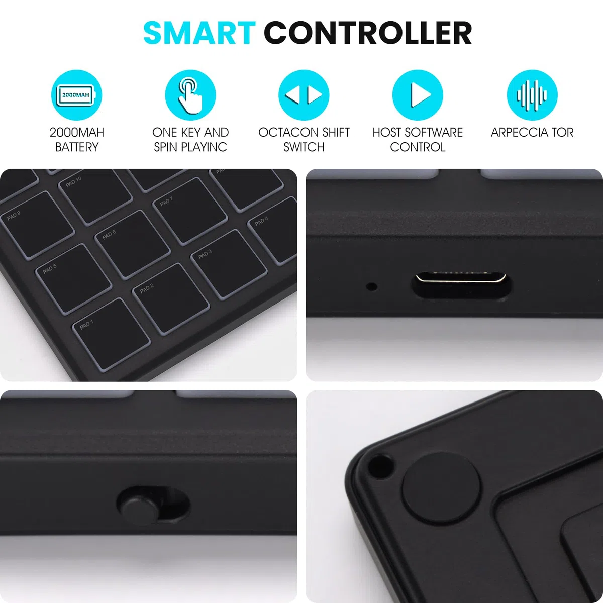 M-WAVE Kabellose MIDI-Controller-Pads, 10,4 x 10,4 cm, 0,1 kg, Bluetooth, tragbarer USB-MIDI-Controller mit 16 MPC-Drum-Pads, Notenwiederholung, volle Level-Tasten, wiederaufladbarer Akku (schwarze