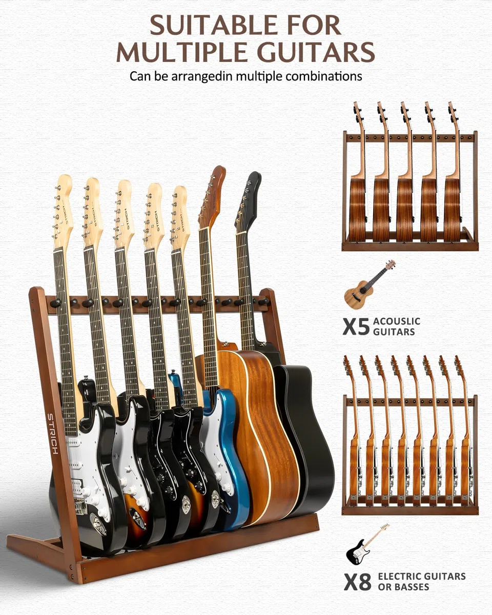STRICH Gitarrenständer aus Holz – Mehrfachständer für 5 Akustik- oder 8 E-Gitarren & Bässe, Stabiles Gitarren-Rack für Studio & Zuhause, Schonende Polsterung, SMT-10 (8er-Halter)