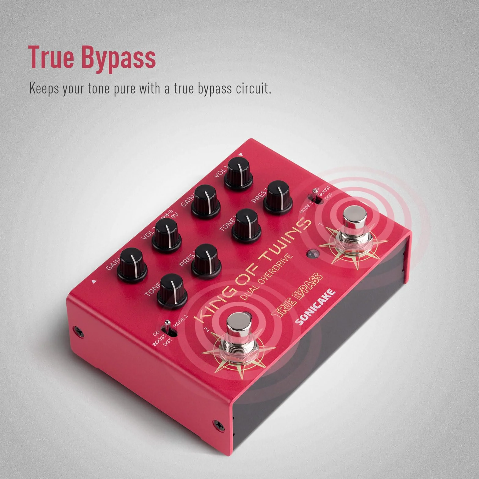 SONICAKE Overdrive Pedal Dual Channel, Overdrive/Boost/Distortion 3 Modi Reine Analogschaltung True Bypass 4 Regler pro Kanal QDS-08