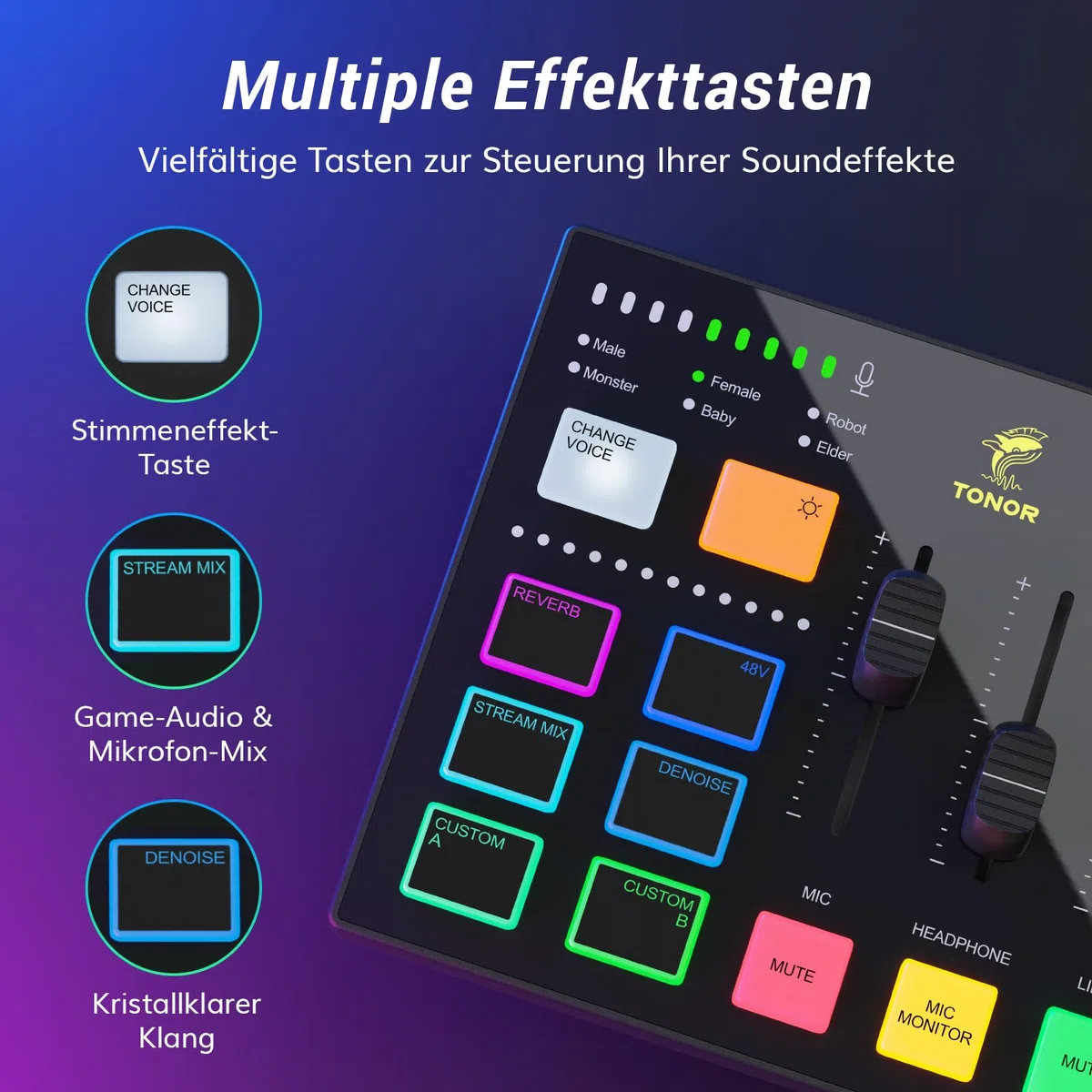 TONOR Gaming Audio Interface, Audio Mixer für Streaming, Podcasting, Studio Aufnahmen, 6,35mm und XLR-Kanal, Soundkarte mit RGB-Lichteffekten, für Gaming-Streamer, Content Creators TX310