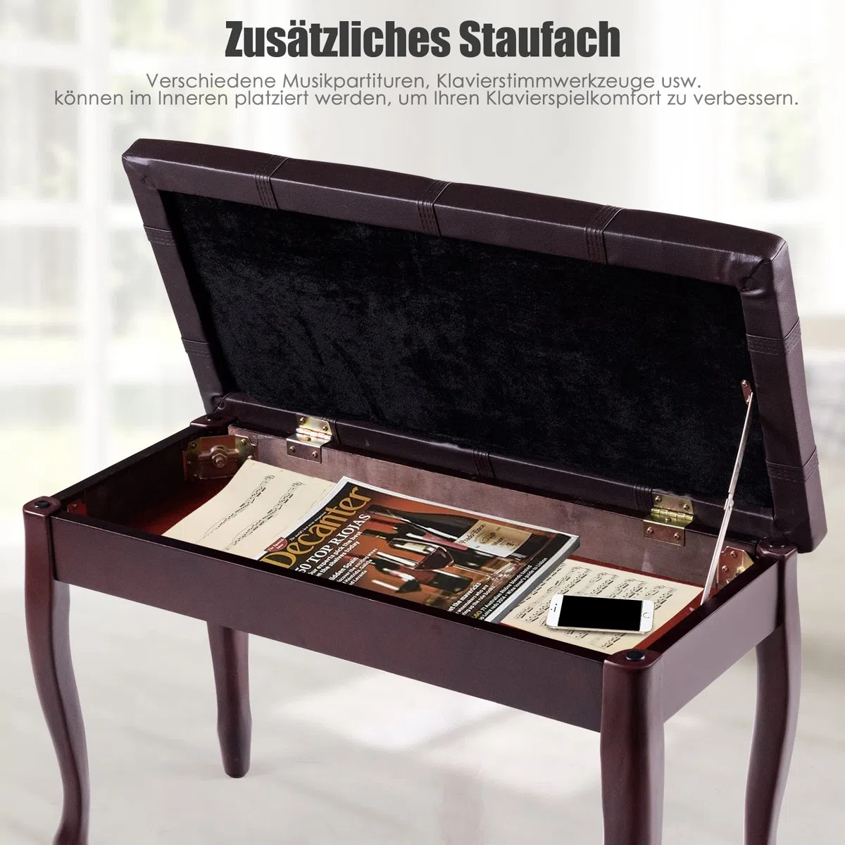 RELAX4LIFE Piano-Bank aus Massivholz, Klavierhocker mit gepolstertem Sitz aus Kunstleder, Klavierbank mit Gebogenem Fuß, 2-Sitzer-Bank mit Ablagefach, bis 160 kg belastbar, 75 x 35 x 49 cm (Braun)