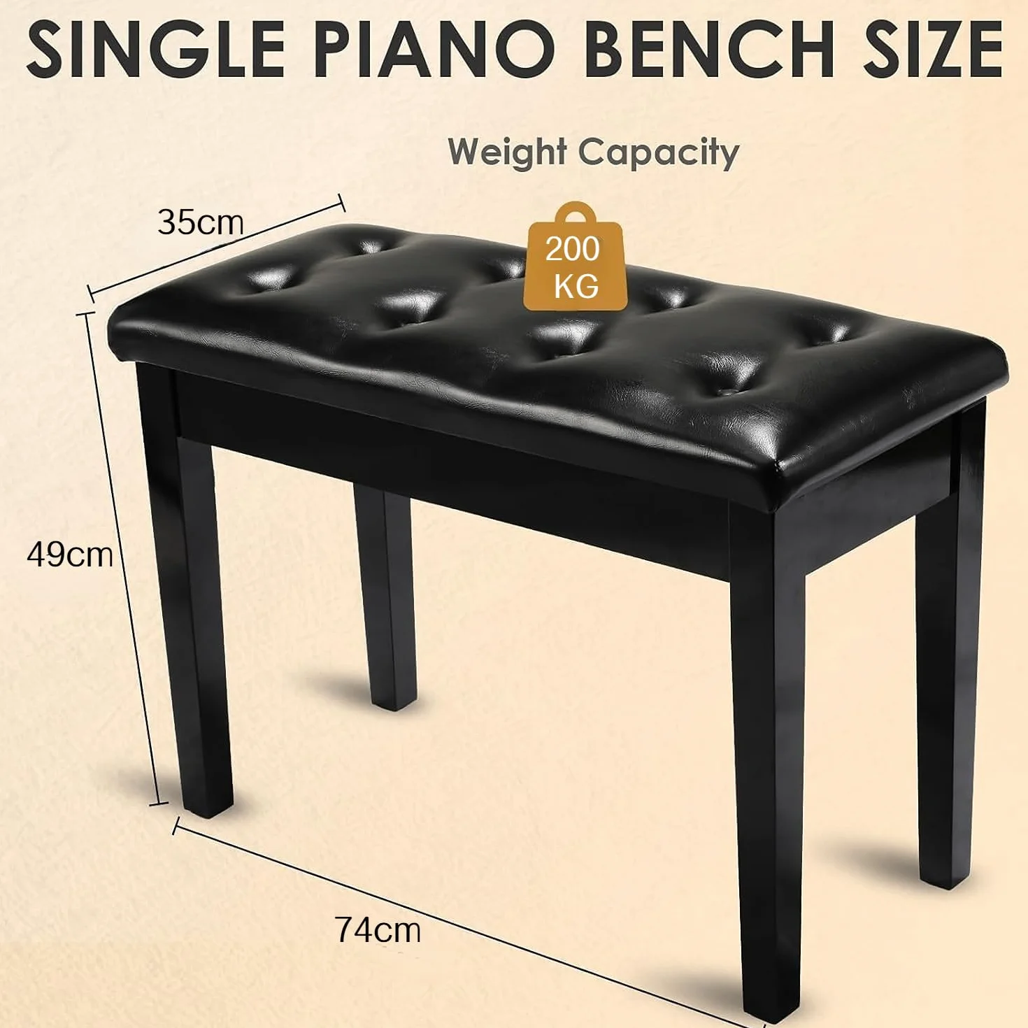 MAMIZO Klavierhocker, Klavierbank 74x35x49CM, Klavierstuhl mit Stauraum, Pianobank mit 4CM Dickes PU-Lederkissen, Massivholz Keyboardbank, Piano Bench, Klavier Hocker bis 200KG Belastbar, Schwarz