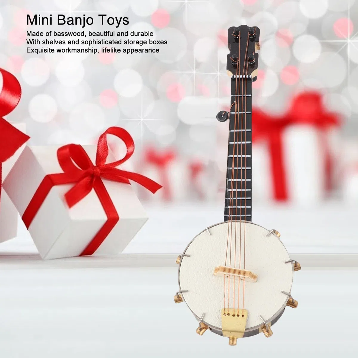 Mini Banjo Spielzeug mit Ständer, Miniatur Banjo Modell aus Basswood für dekorative und Spielzwecke