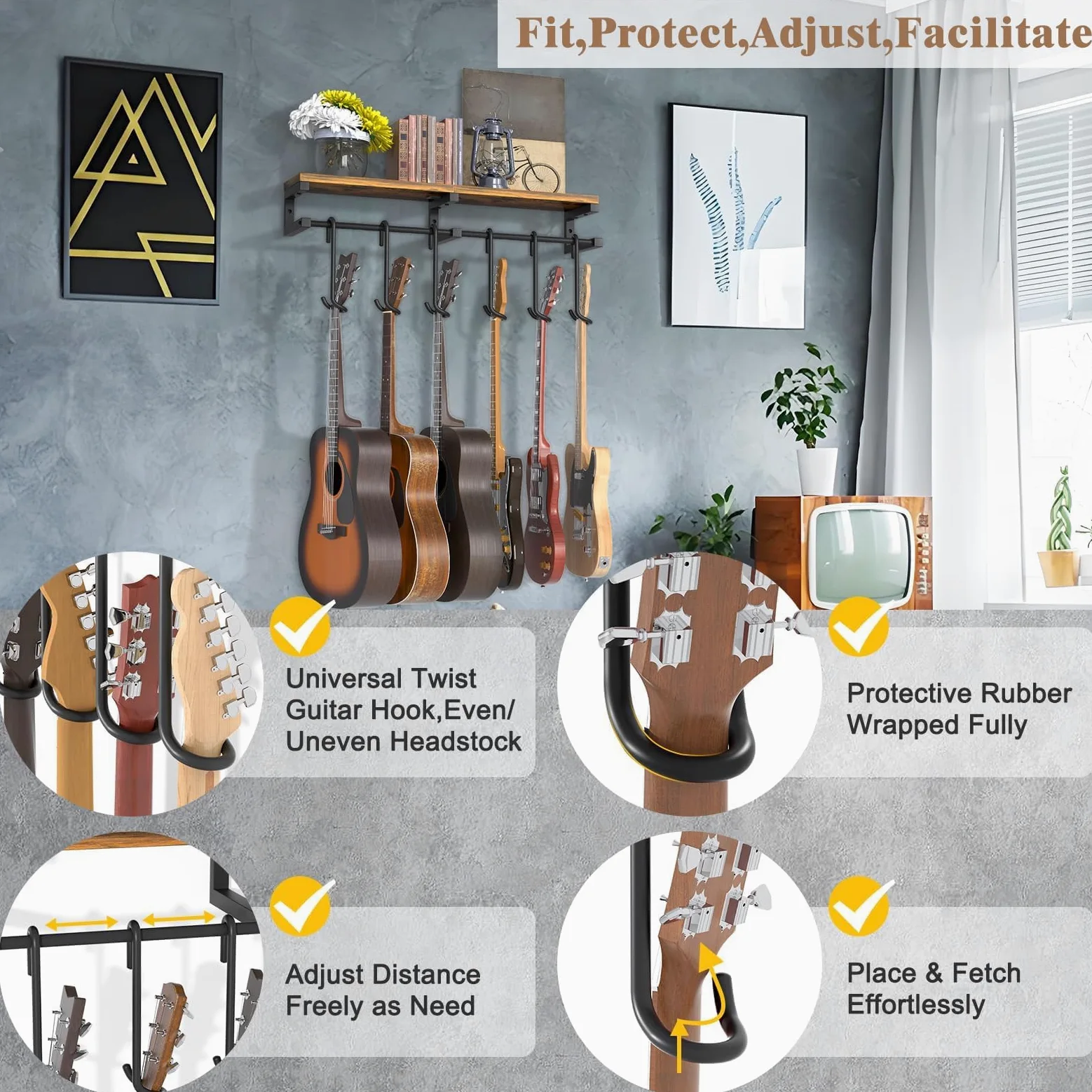 Gitarrenhalter für die Wand, 6 Gitarren Wandhalterung, Wandhalterung Gitarre mit Groß Regal, Gitarrenhalter Wand für Akustikgitarre Bass e Gitarre Ukulele Ständer Zubehör Double-Sided