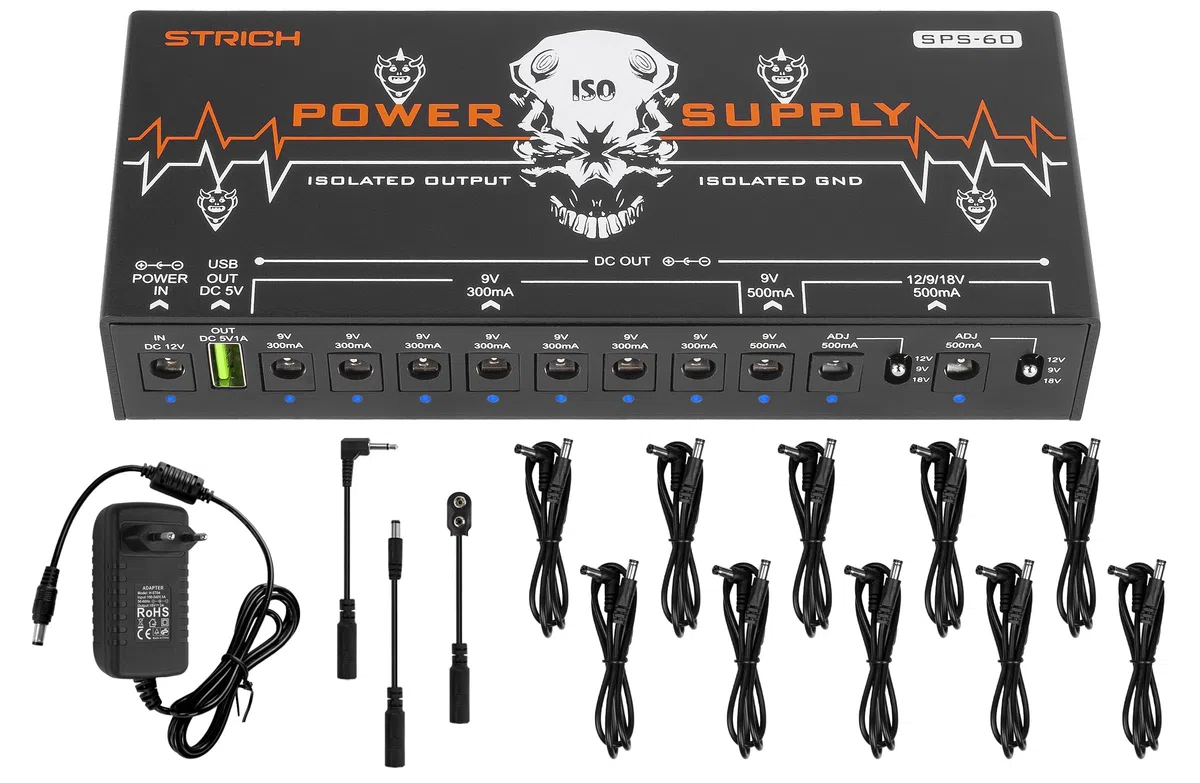 STRICH SPS-60 Netzteil für Gitarrenpedale, 10 vollständig unabhängige DC-Ausgänge, Netzteil für Pedalboard mit 9V/12V/18V (300mA/500mA), Hochleistungsversorgung für Gitarrenpedale, rückwirkungsfrei