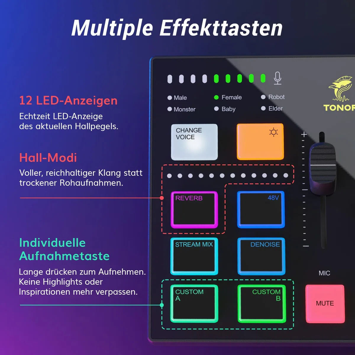 TONOR Gaming Audio Interface, Audio Mixer für Streaming, Podcasting, Studio Aufnahmen, 6,35mm und XLR-Kanal, Soundkarte mit RGB-Lichteffekten, für Gaming-Streamer, Content Creators TX310