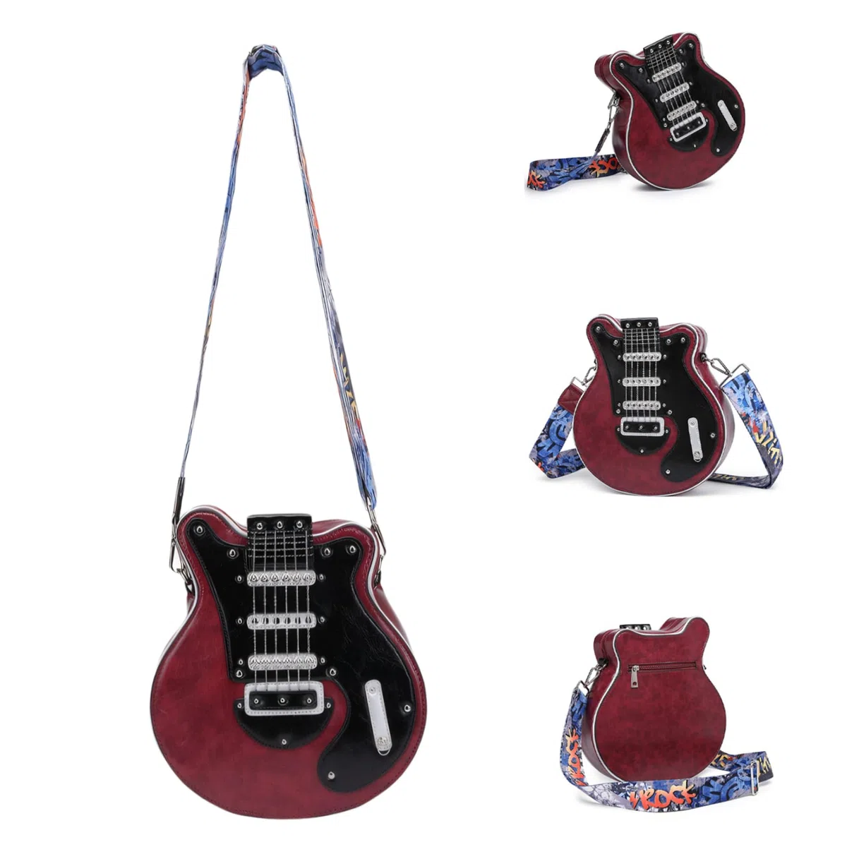 Umhängetasche in Gitarrenform, Gitarren-Geldbörse, neuartige weinrote Tasche in Gitarrenform, mit Reißverschluss, große Umhängetasche, modische, lässige Geldbörse in Gitarrenform für Ausflüge, Shoppin
