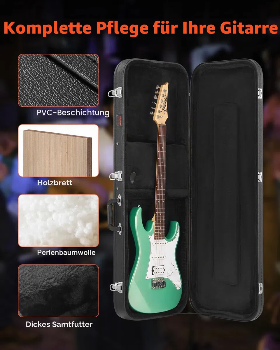 VEVOR Hartschalenkoffer für E-Gitarre, rechteckiger 1095mm Gitarrenkoffer, mit Schloss, PVC-Polsterung, weichem Futter, wasserabweisendem Case, Geeignet für 39 Zoll/99 cm E-Gitarren, schwarz