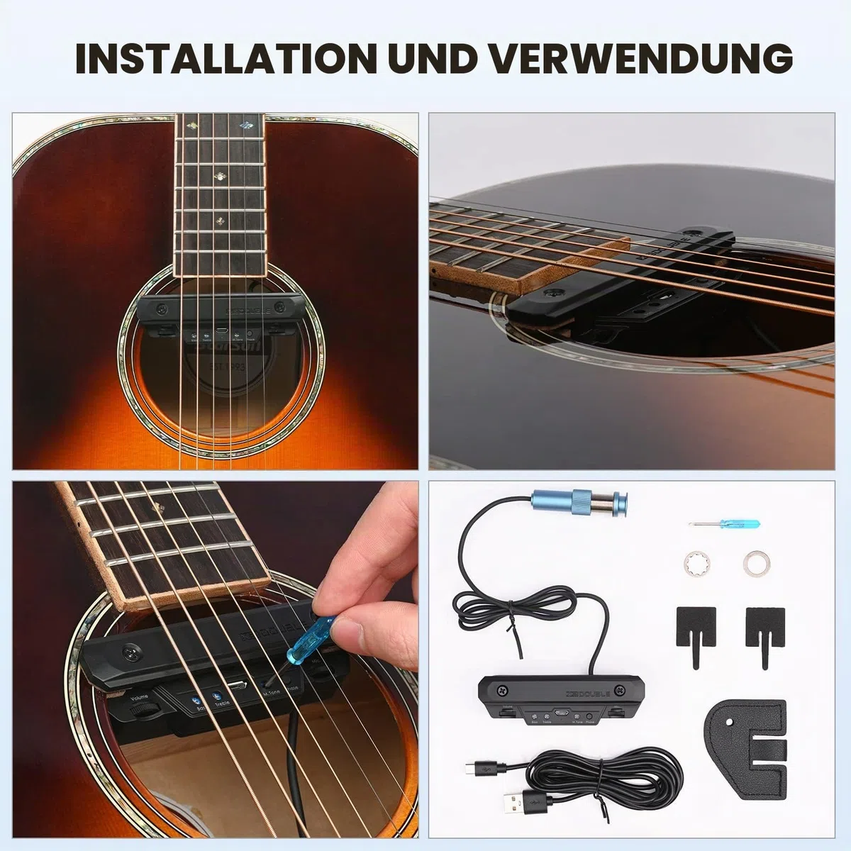Aktives wiederaufladbares akustisches Gitarrenmikrofon, verstellbar mit Magnetspule und integriertem Lautstärkeregler
