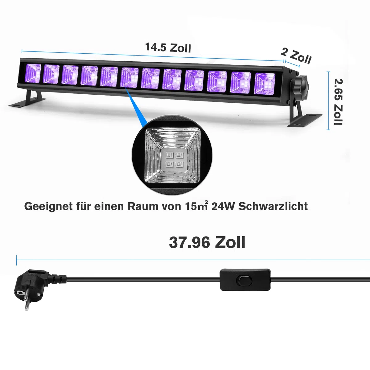 40W UV Schwarzlicht Röhre,40PCS LEDs Bar Zubehör Schwarzlichtlampe mit 1.5M Stromkabel Stecker und Schalter, Aluminium Blacklight für Neonfarbe, Körperfarbe, Halloween, Bühnen, Party Deko