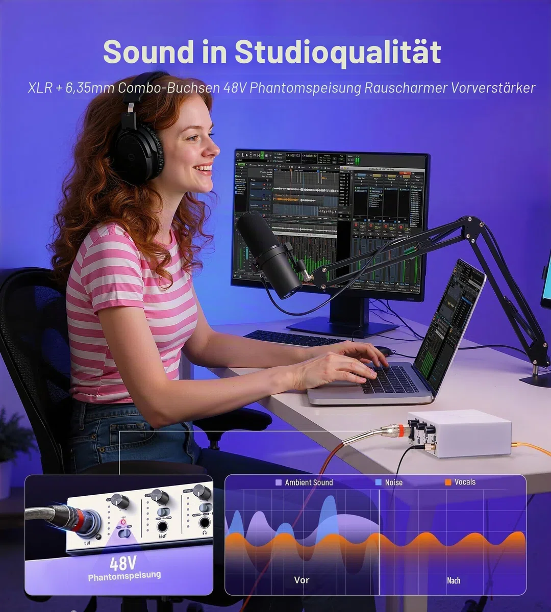 Synido USB-C Audio Interface für Aufnahme, Musikproduktion,Streaming,Podcasting Live Auftritte 2 Kanäle, 24bit/48kHz, 48VPhantomspeisung, XLR/Klinken Eingänge, 3 Monitoring Modi, für Mac/PC, Silber