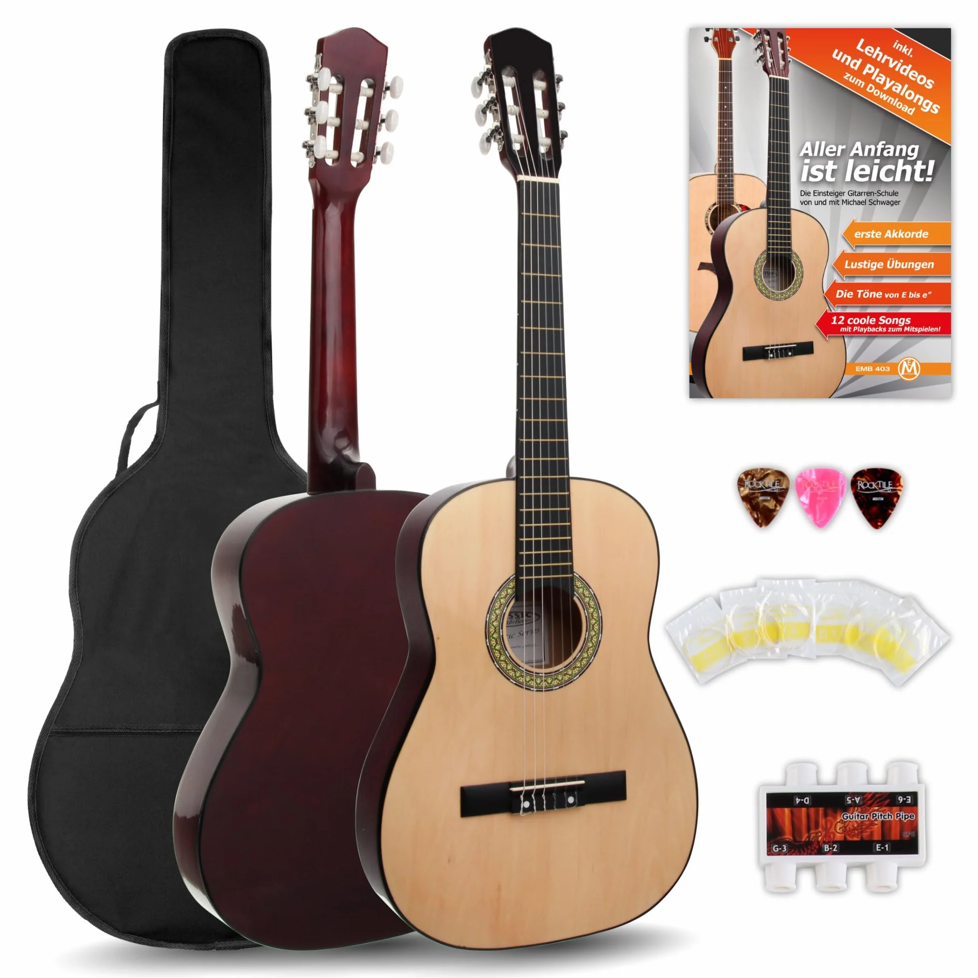Classic Cantabile AS-851 7/8 Konzertgitarre Starter Set (Komplettes Anfänger Set mit Klassik Gitarre, Gigbag Tasche, Nylonsaiten, Lehrbuch/Schule, 3x Plektren und Stimmpfeife)