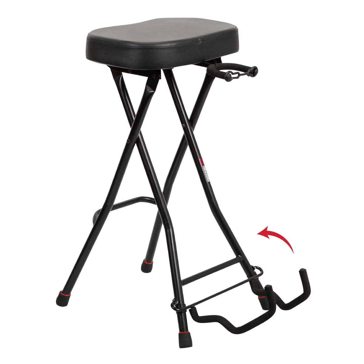 Gator Frameworks Faltbarer Gitarrenhocker mit gepolstertem Sitz und rückseitig montiertem Gitarrenbügel; (GFW-GTRSTOOL)