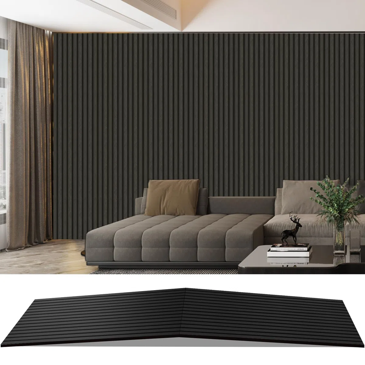 AKK-PANE Akustikpaneele Holz 240x60cm,1,44m² - Faltbar 3D Wandpaneele Holz, Akustik Paneele Wand für Küche, Wohnzimmer, Büro, Umweltfreundlich Holzpaneele Wand mit Schalldämpfung (Mirage Schwarz 22#)