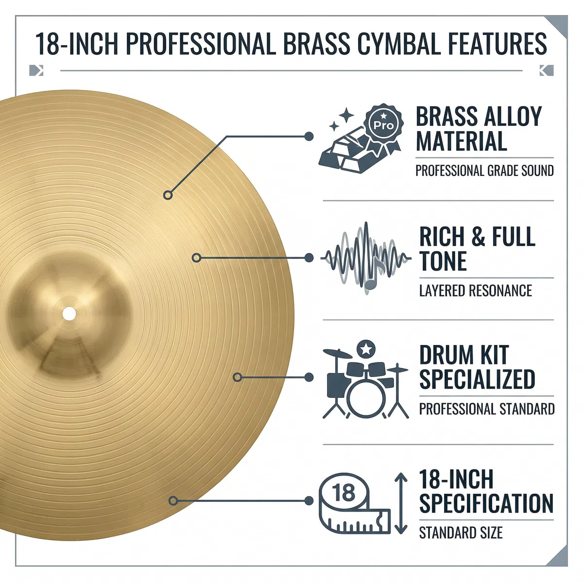 Professionelles Ride-Becken aus Kupferlegierung, 0,8 mm (18 Zoll), goldfarben