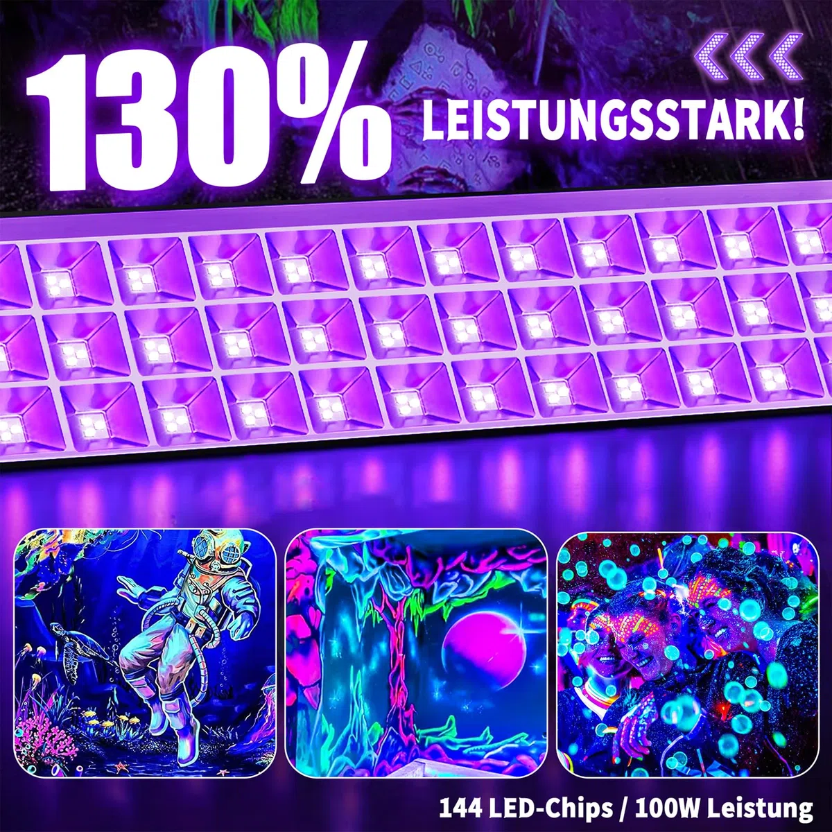 100W Schwarzlicht LED, UV Schwarzlichtlampe mit Stecker IP66 Wasserdicht UV Strahler Außen, Fluoreszenz Blacklight Partylicht mit Schalter für Halloween Aquarium Bar Neonfarben Disco