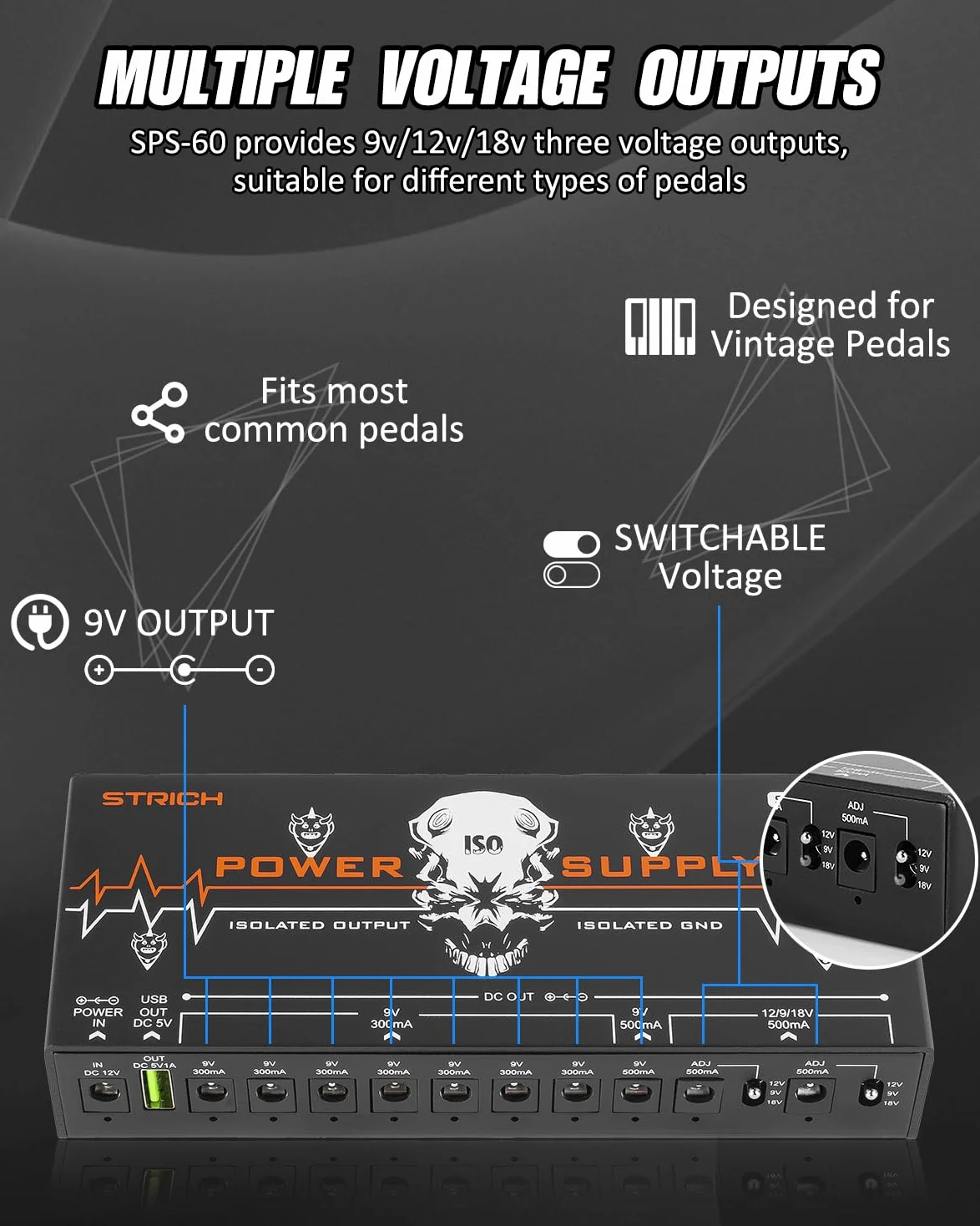STRICH SPS-60 Netzteil für Gitarrenpedale, 10 vollständig unabhängige DC-Ausgänge, Netzteil für Pedalboard mit 9V/12V/18V (300mA/500mA), Hochleistungsversorgung für Gitarrenpedale, rückwirkungsfrei