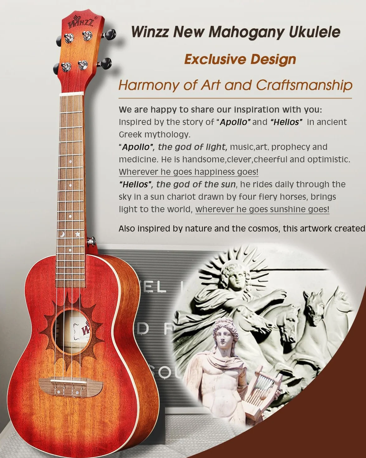 Winzz Ukulele Erwachsene Konzert 23 Zoll Anfänger Set Mahagoni-Holz, Kinder Einsteiger, Einzigartige Ukulele Kaufen Geschenke (Carbon Saiten, Matte Sunburst)