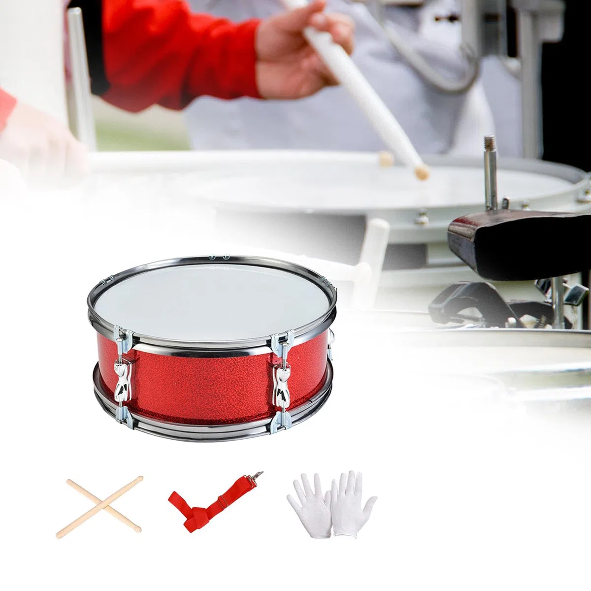 Snare Drum Set mit 11 Zoll Durchmesser für Anfänger Trommel Musikinstrument mit Drumsticks Schultergurt Und Handschuhen Aus Edelstahl für Musikunterri, Rot