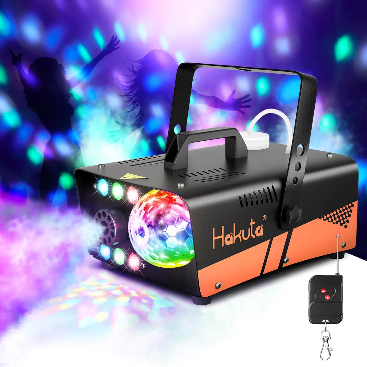 Nebelmaschine, HAKUTA 600 W Fog Machine mit Discokugel und LED RGB Lichtern, 2300 CFM Spray mit Automatischer Sprühfunktion, Ideal für Halloween, Weihnachten, Hochzeit, Bühnenperformance und Partys