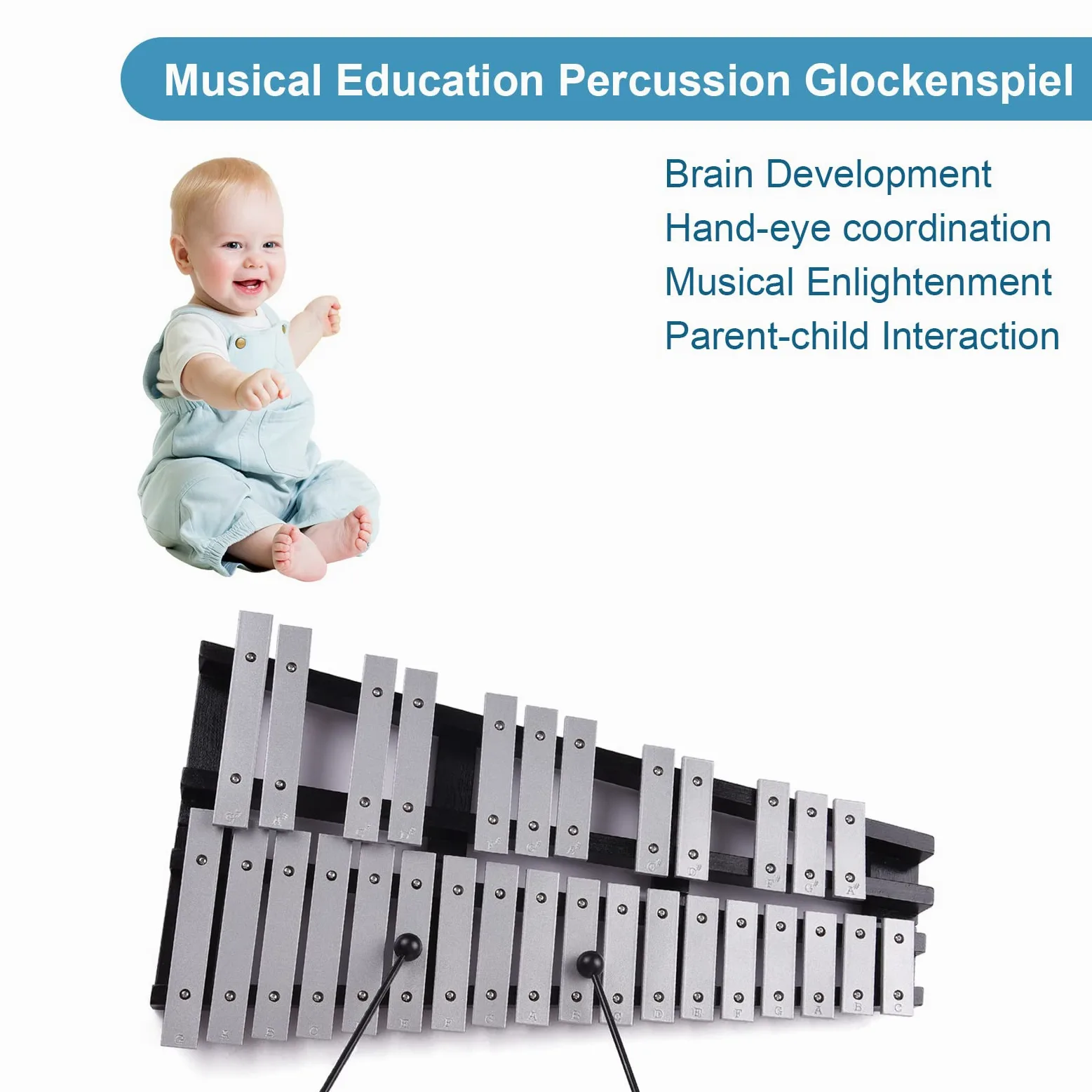 Btuty 30-Noten Glockenspiel Xylophon, G–C Tonumfang, Aluminium-Klangplatten mit Holzrahmen, Musikinstrument für Schule & Anfänger, inkl. 2 Schlägel und Tragetasche