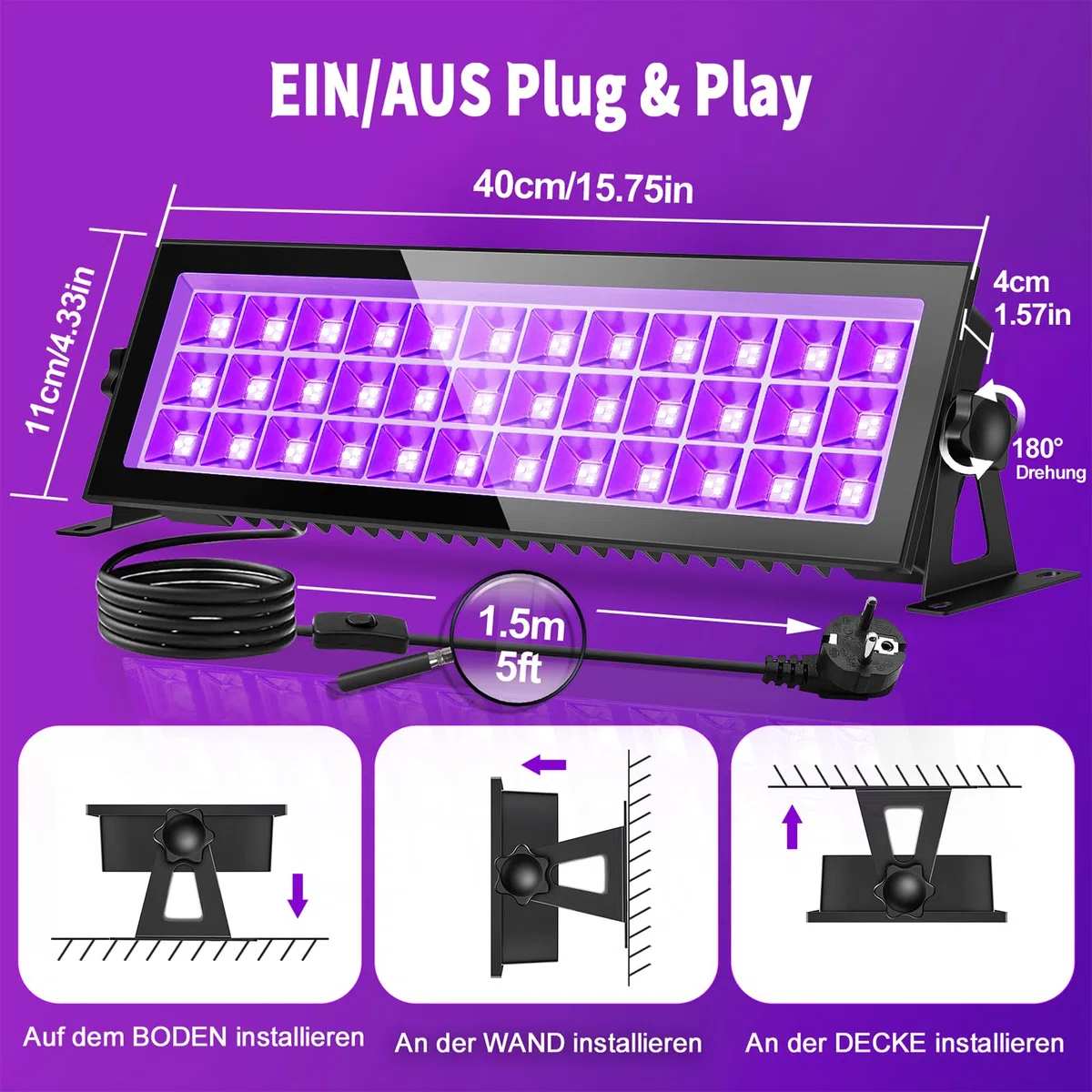 100W Schwarzlicht LED, UV Schwarzlichtlampe mit Stecker IP66 Wasserdicht UV Strahler Außen, Fluoreszenz Blacklight Partylicht mit Schalter für Halloween Aquarium Bar Neonfarben Disco