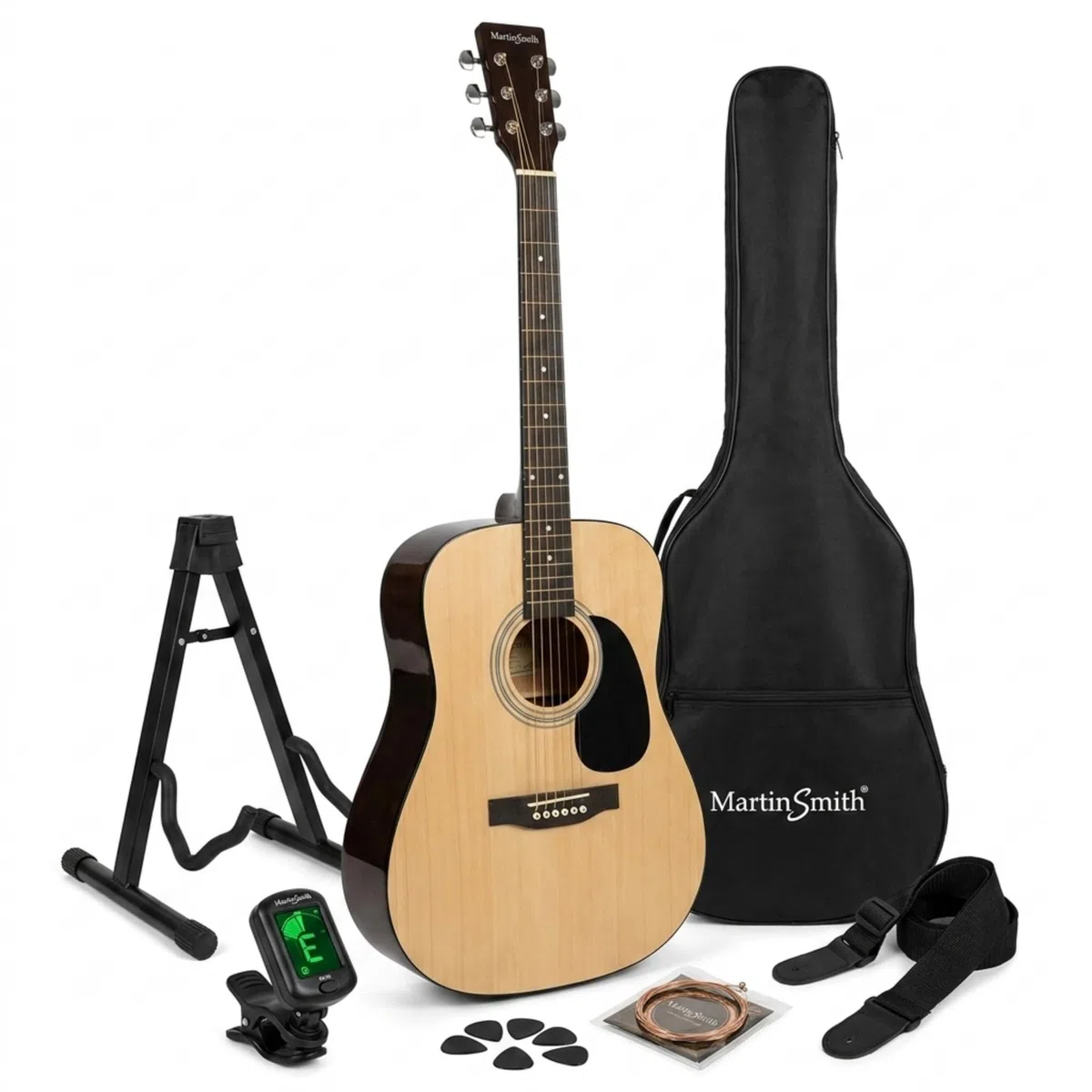 Martin Smith Akustikgitarre mit Gitarrenständer Gitarrentuner Gitarren Tasche Gitarrengurt Gitarre Plektren und Gitarrensaiten Natur
