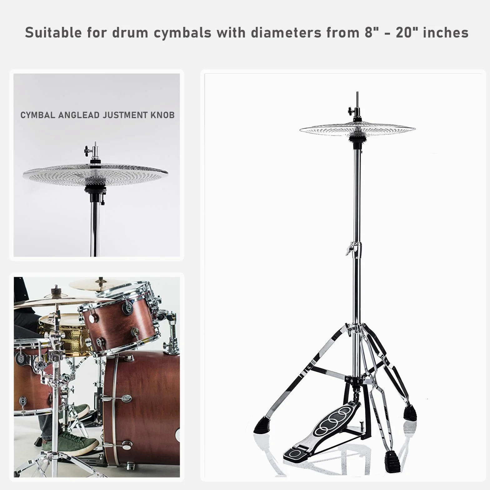 Hi-Hat-Ständer, Stativunterstützung, höhenverstellbar von 23,6" bis 39,3", doppelstrebiger High-Hat-Ständer mit verbreiterten, rutschfesten Gummifüßen(V-CC-YQ06)