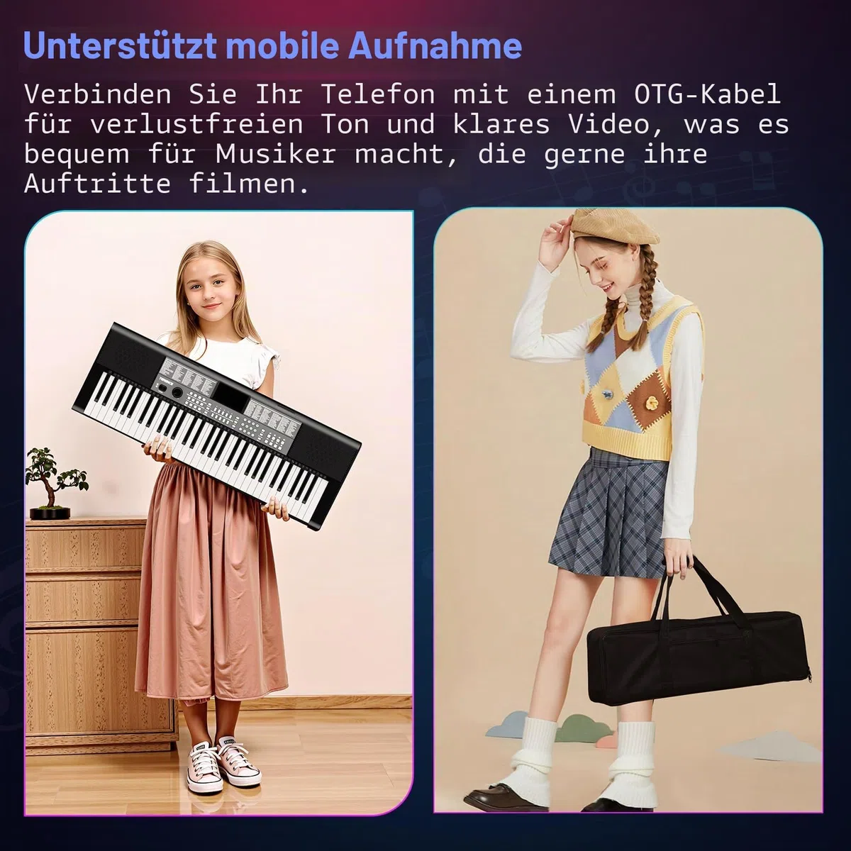 TERENCE Keyboard Piano 61 Tasten Duale HiFi-Lautsprecher e Piano mit 51 Funktionstasten LED-Anzeige Duale Tastatur 2 Stromoptionen Digital Piano Unterstützung für Headset und Mikrofon