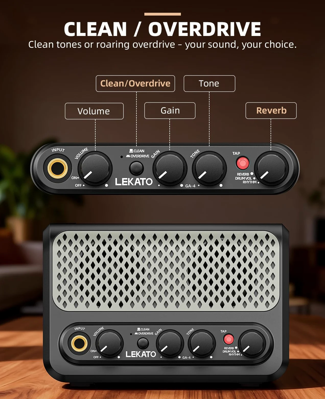 LEKATO Mini-Gitarrenverstärker mit integrierter Drum-Machine – 10 W tragbarer E-Gitarrenverstärker, Clean/Overdrive, 30 Rhythmen, Bluetooth, Kopfhörerausgang, 7 Stunden Akkulaufzeit, Typ-C-Aufladung