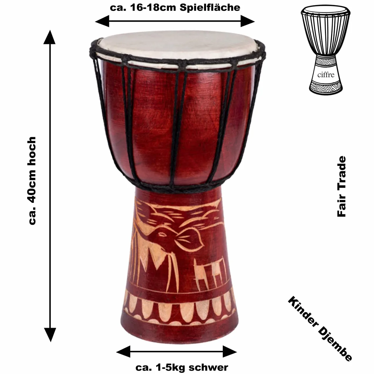 40cm Große Djembe Trommel Bongo Drum Elefant Braun Fair Trade Top Klang