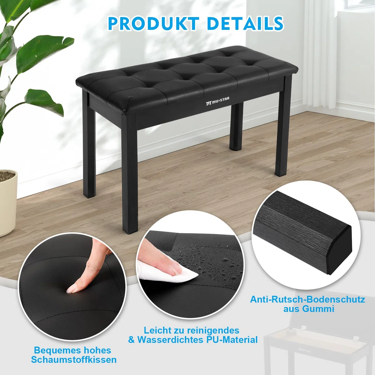MUSTAR Pianobank mit Stauraum, 74cm Großer Sitz Massivholz Keyboard Bench, Digital Piano Stool aus Weichem Kunstleder, Schwarz