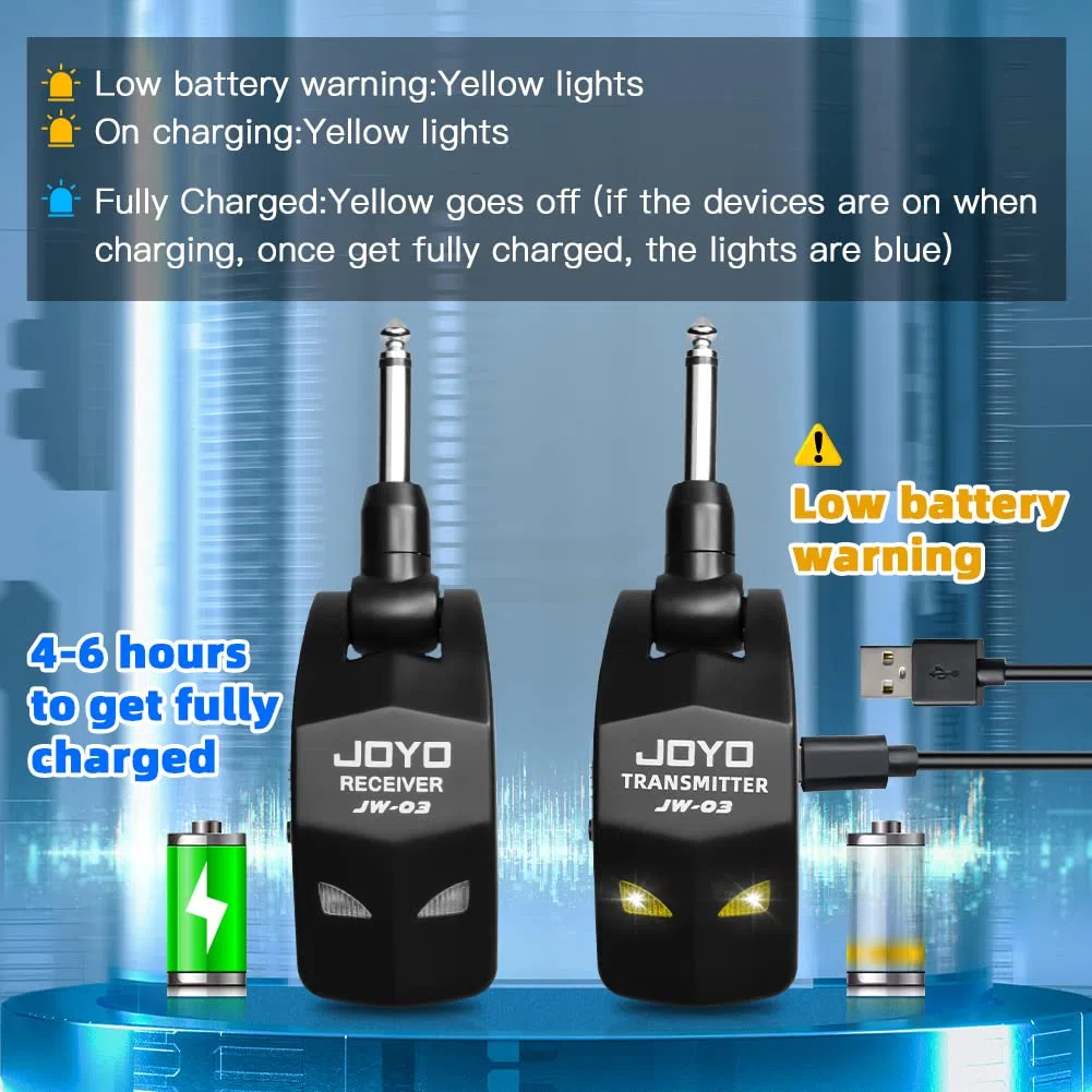 JOYO 2,4 GHz Wireless Guitar System 4 Kanäle Wiederaufladbarer Audio Wireless Transmitter Receiver für Gitarre Bass Elektrische Instrumente (JW-03)