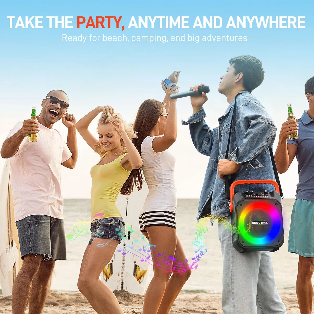 SUDOTACK Tragbare Karaoke Maschine mit 2 kabellose Mikrofone, Bluetooth Lautsprecher Box für Erwachsene/Kinder mit Lichteffekte, Unterstützt TF/USB, AUX in, FM, REC, TWS für Karaoke, Party, Geburtstag