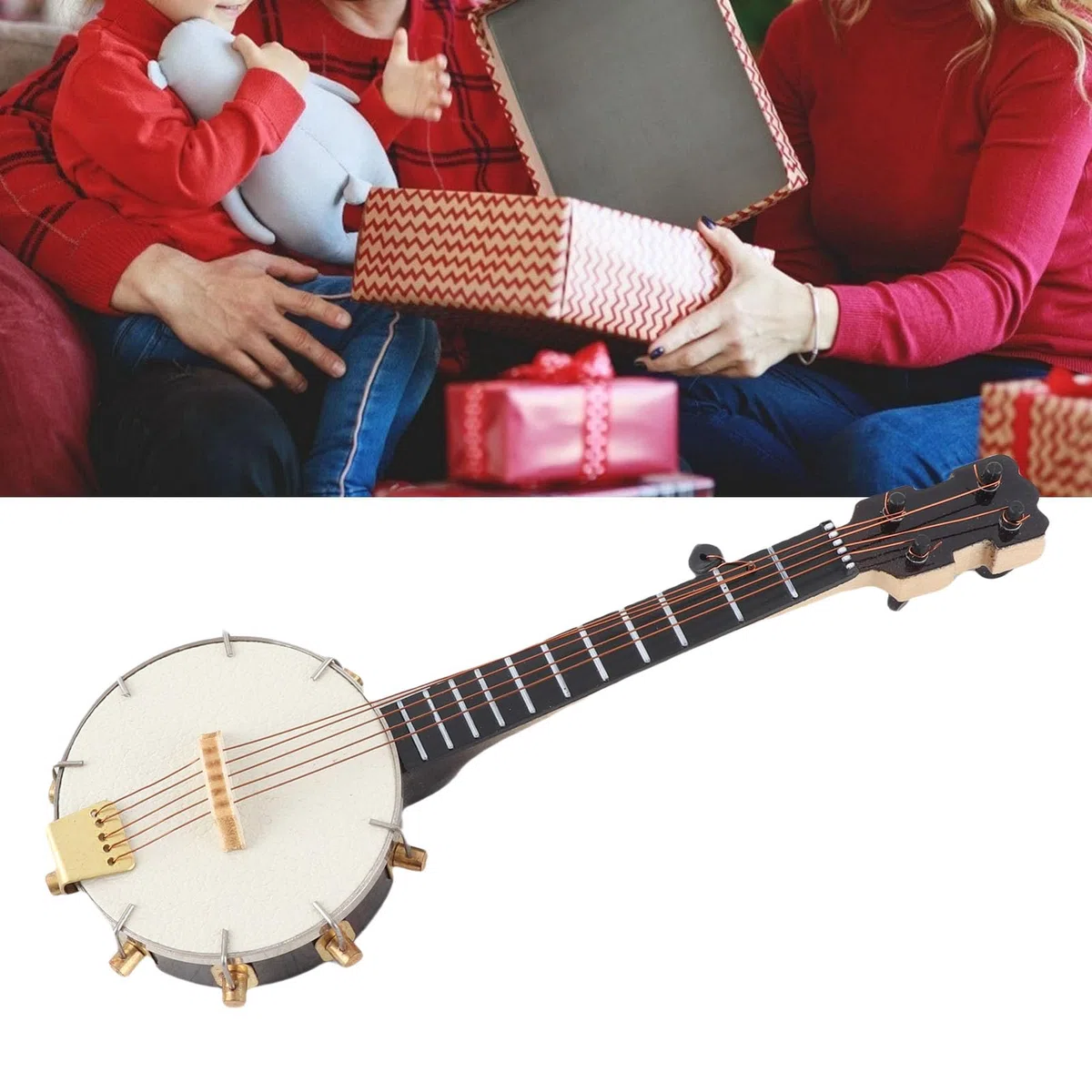 Mini Banjo Spielzeug mit Ständer, Miniatur Banjo Modell aus Basswood für dekorative und Spielzwecke