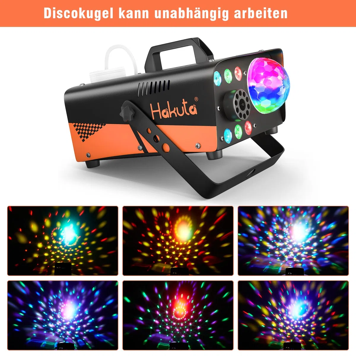 Nebelmaschine, HAKUTA 600 W Fog Machine mit Discokugel und LED RGB Lichtern, 2300 CFM Spray mit Automatischer Sprühfunktion, Ideal für Halloween, Weihnachten, Hochzeit, Bühnenperformance und Partys