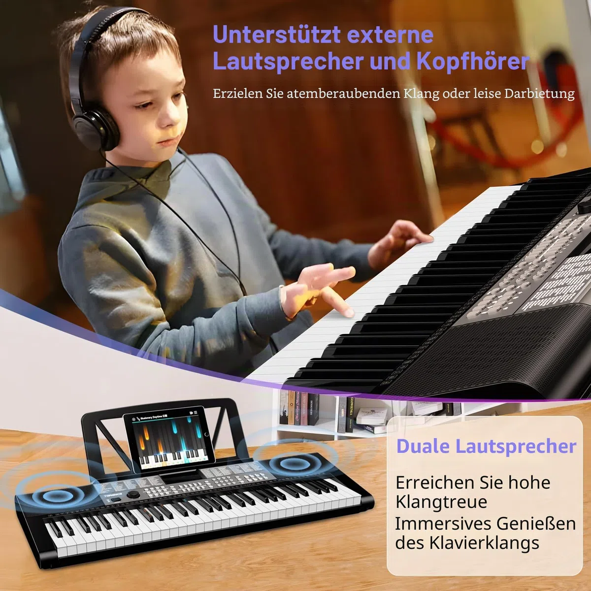 TERENCE Keyboard Piano 61 Tasten Duale HiFi-Lautsprecher e Piano mit 51 Funktionstasten LED-Anzeige Duale Tastatur 2 Stromoptionen Digital Piano Unterstützung für Headset und Mikrofon